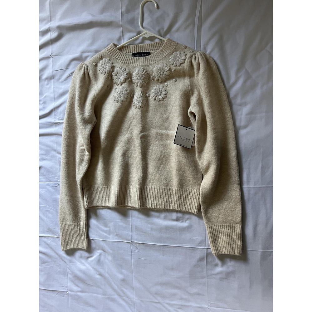Laundry By Shelli Segal Sweater WomenS S Beige Marshmallow Floral Knit Crop NWT - Picture 7 of 11